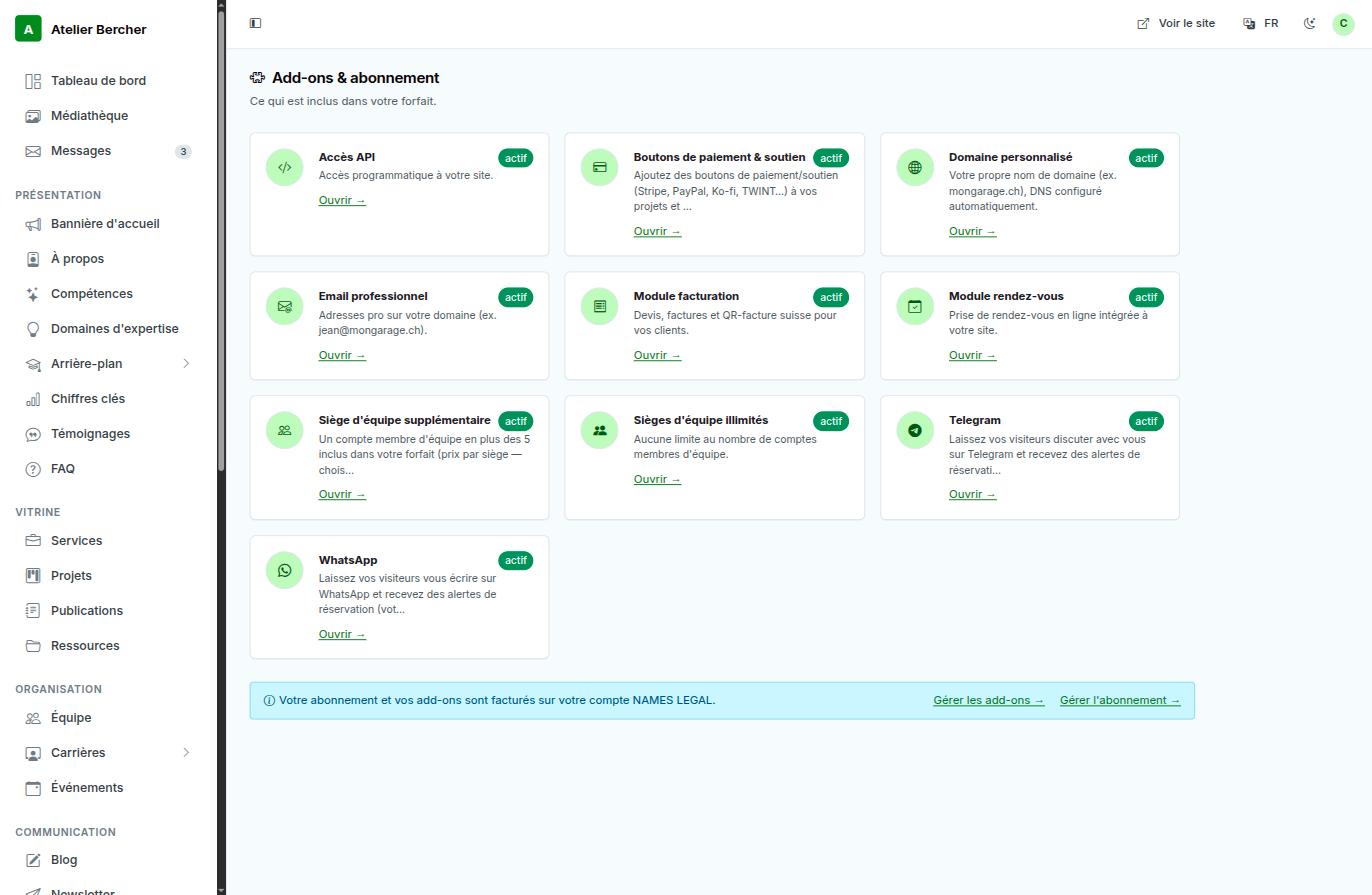 L'écran des add-ons dans la console : une carte par add-on, avec une pastille actif et un lien Ouvrir.